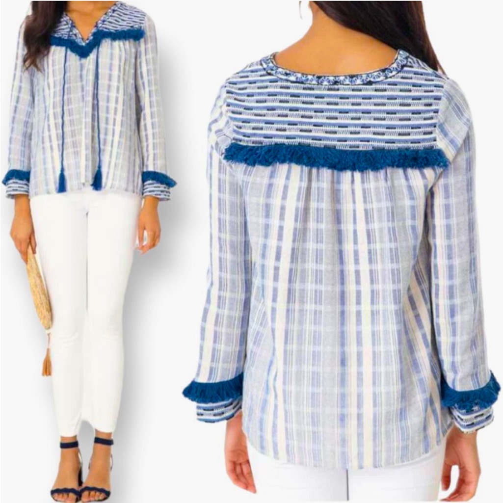 Sugar + Lips Annalise Blue Cream Fringe Embroidered Boho Plaid Blouse Matlazan